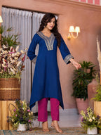 Juniper Women's Blue Viscose Rayon Embroidered Kurta Set | Grocsy