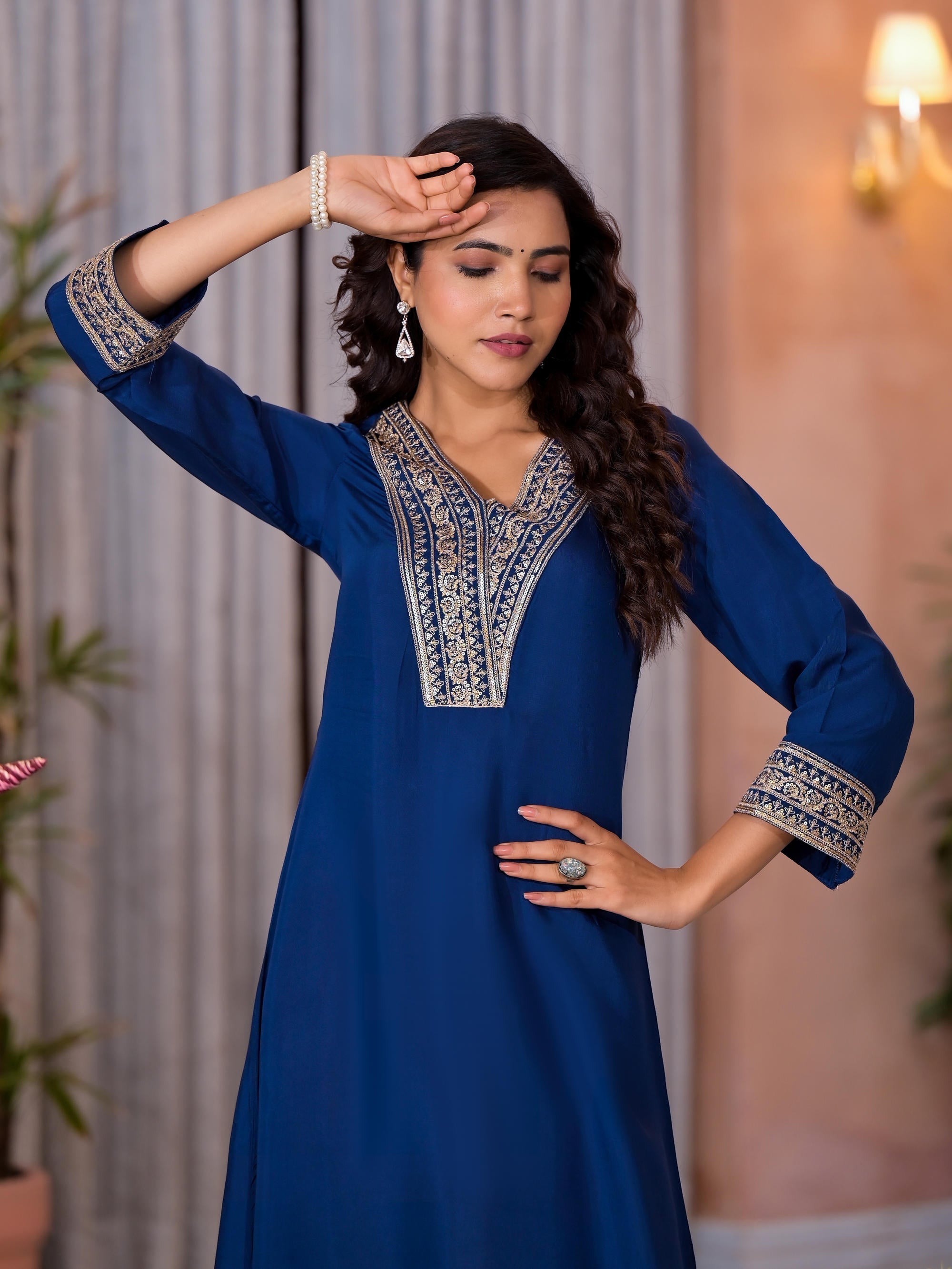 Juniper Women's Blue Viscose Rayon Embroidered Kurta Set | Grocsy