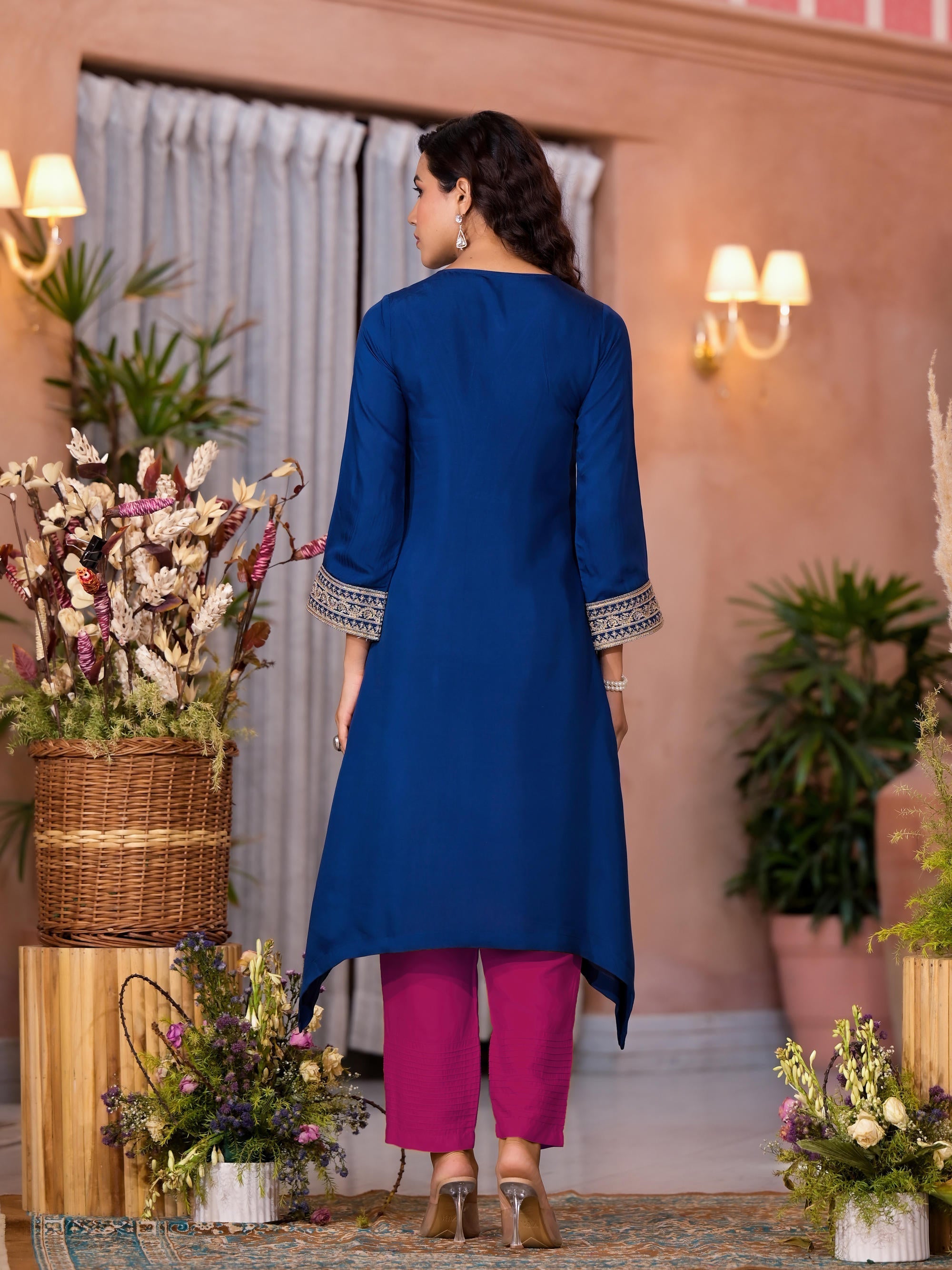 Juniper Women's Blue Viscose Rayon Embroidered Kurta Set | Grocsy