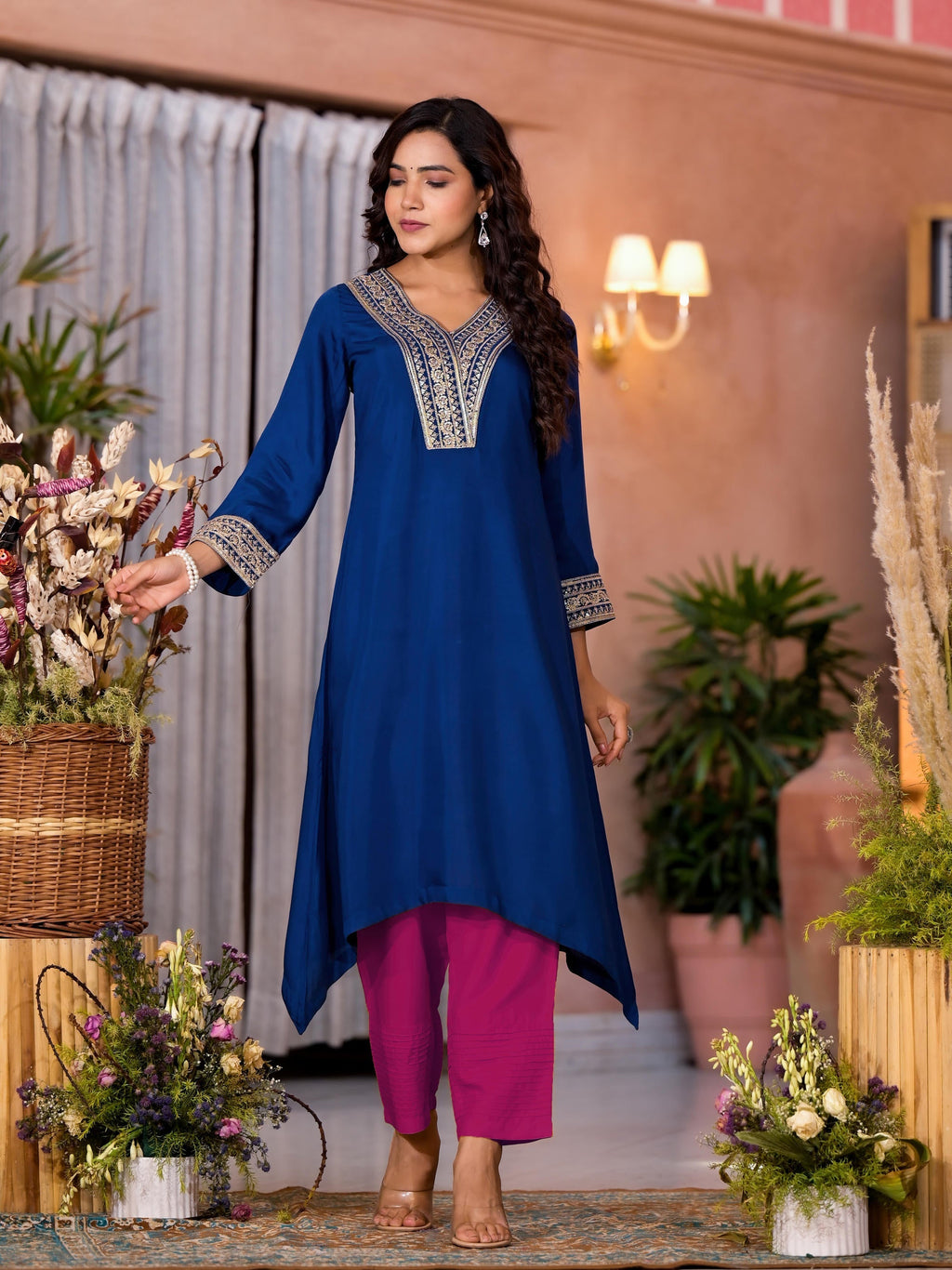 Juniper Women's Blue Viscose Rayon Embroidered Kurta Set | Grocsy