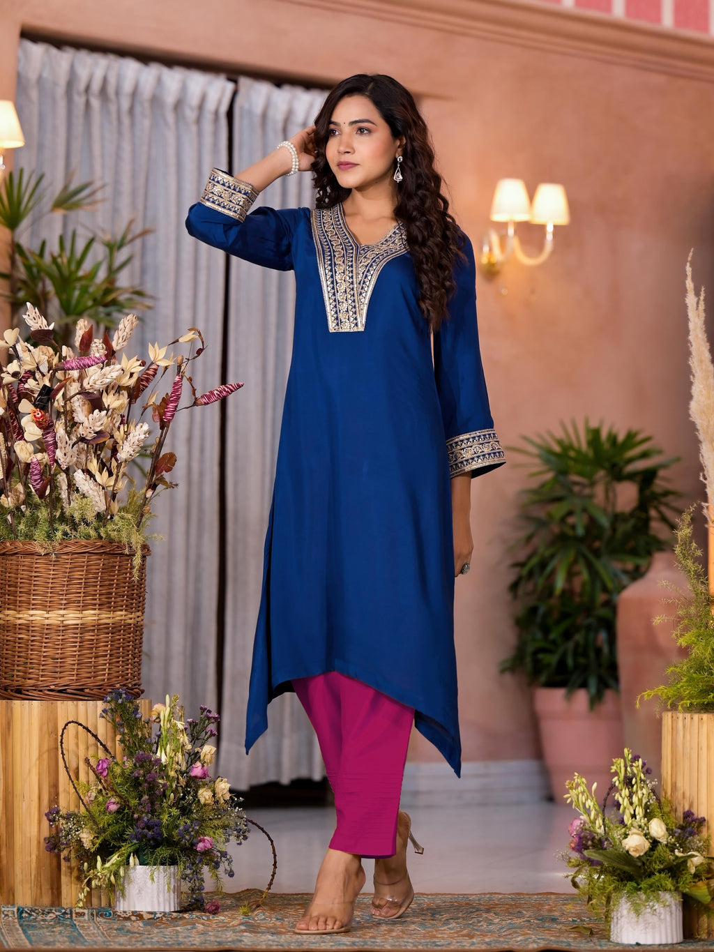 Juniper Women's Blue Viscose Rayon Embroidered Kurta Set | Grocsy