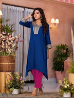 Juniper Women's Blue Viscose Rayon Embroidered Kurta Set | Grocsy