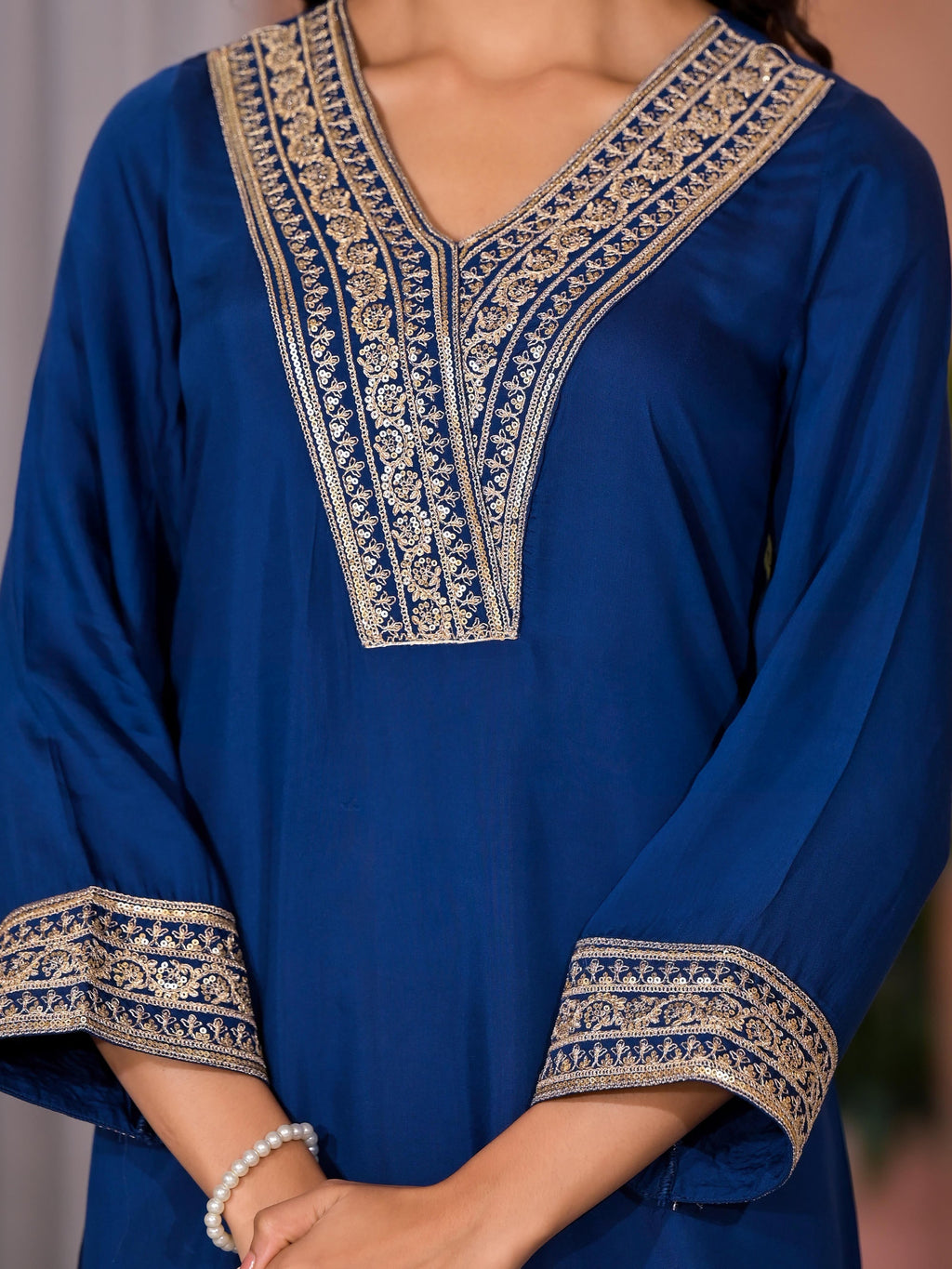Juniper Women's Blue Viscose Rayon Embroidered Kurta Set | Grocsy