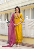 Juniper Women's Yellow Cotton Blend Solid Kurta Set | Grocsy