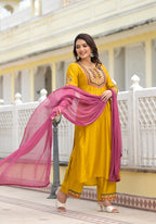 Juniper Women's Yellow Cotton Blend Solid Kurta Set | Grocsy