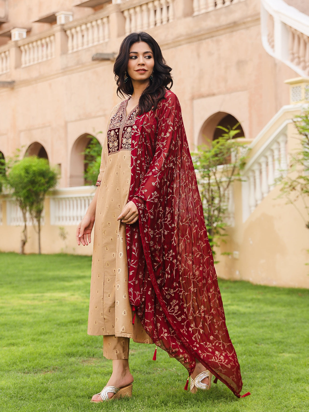 Juniper Women's Gold Cotton Blend Printed Kurta Set | Grocsy