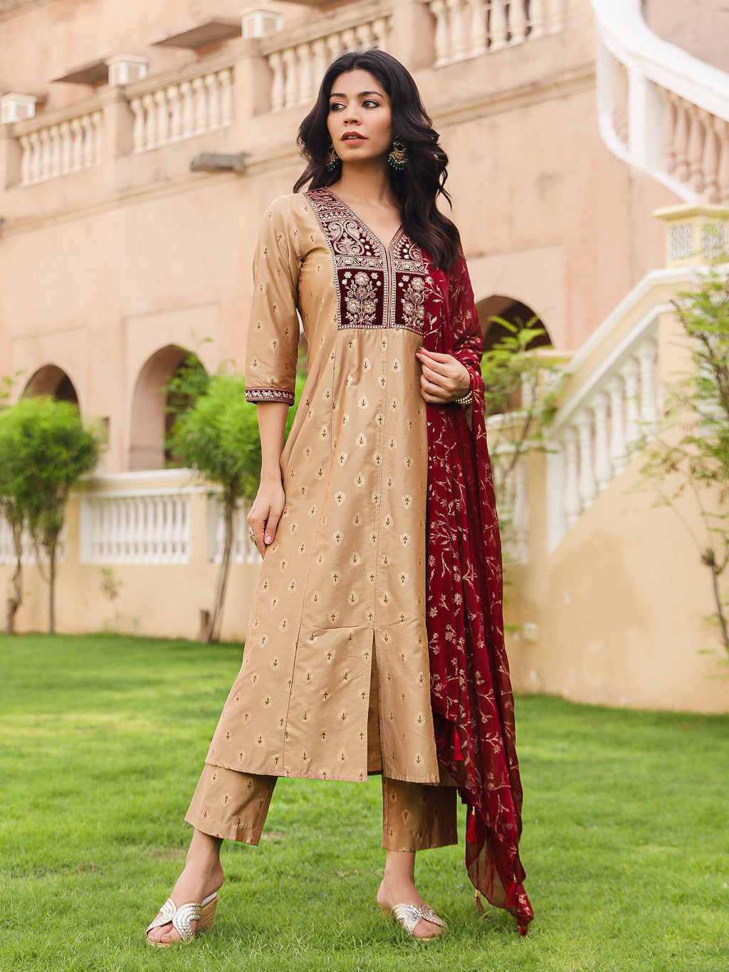 Juniper Women's Gold Cotton Blend Printed Kurta Set | Grocsy