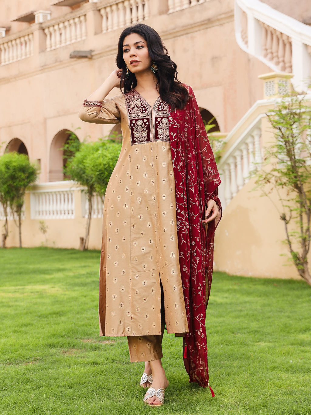 Juniper Women's Gold Cotton Blend Printed Kurta Set | Grocsy