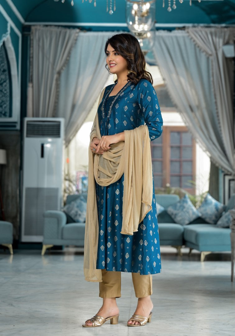 Juniper Women's Blue Ethnic Motif Printed Polycotton Kurta Pant And Dupatta Set With Sequins Gota Patti & Beads | Grocsy