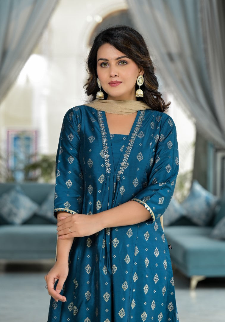 Juniper Women's Blue Ethnic Motif Printed Polycotton Kurta Pant And Dupatta Set With Sequins Gota Patti & Beads | Grocsy