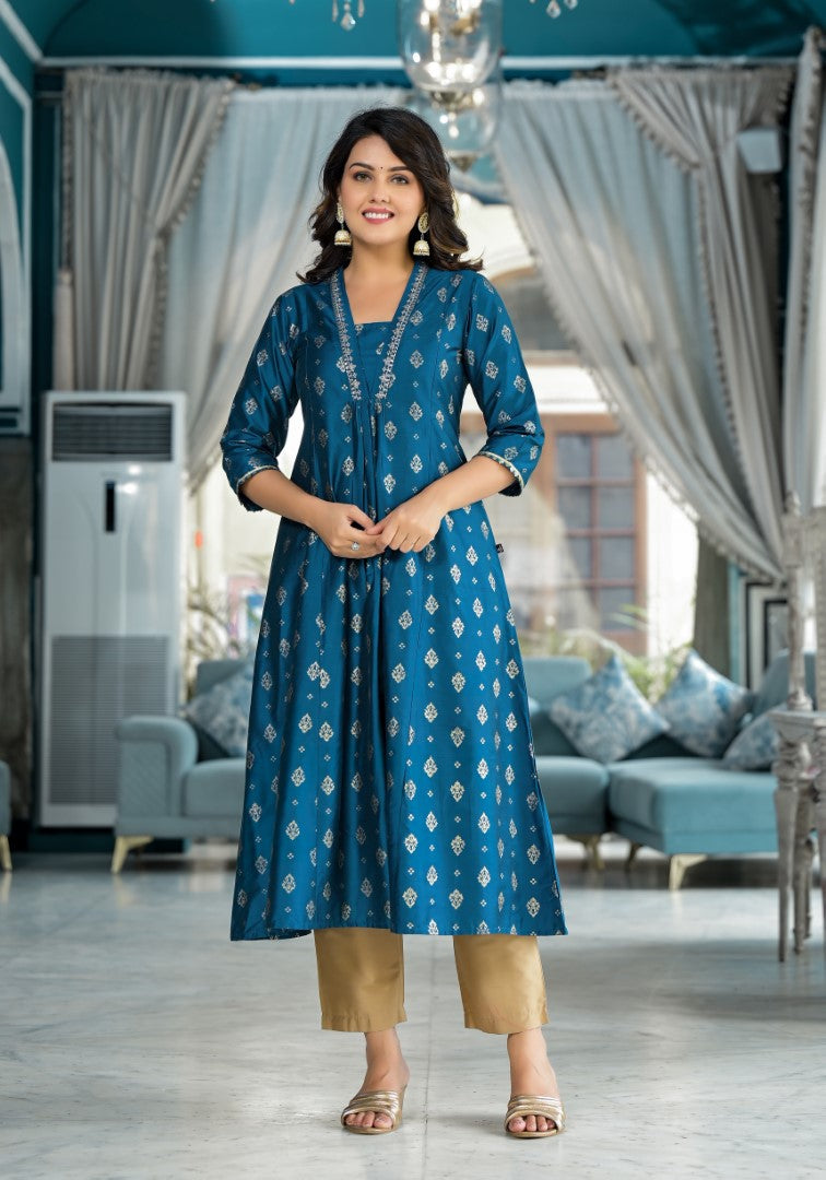 Juniper Women's Blue Ethnic Motif Printed Polycotton Kurta Pant And Dupatta Set With Sequins Gota Patti & Beads | Grocsy