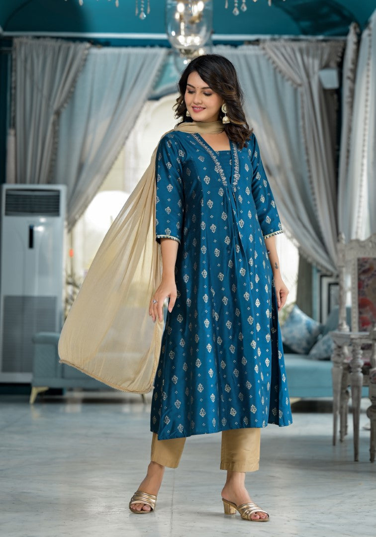 Juniper Women's Blue Ethnic Motif Printed Polycotton Kurta Pant And Dupatta Set With Sequins Gota Patti & Beads | Grocsy