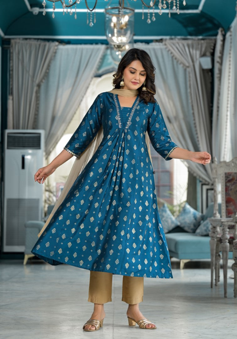 Juniper Women's Blue Ethnic Motif Printed Polycotton Kurta Pant And Dupatta Set With Sequins Gota Patti & Beads | Grocsy