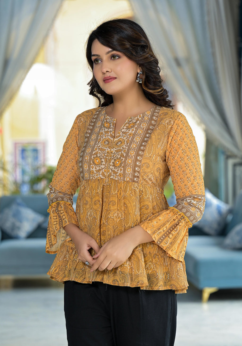 Juniper Mustard Ethnic Motif Printed Georgette Tunic With Sequins Detail | Grocsy