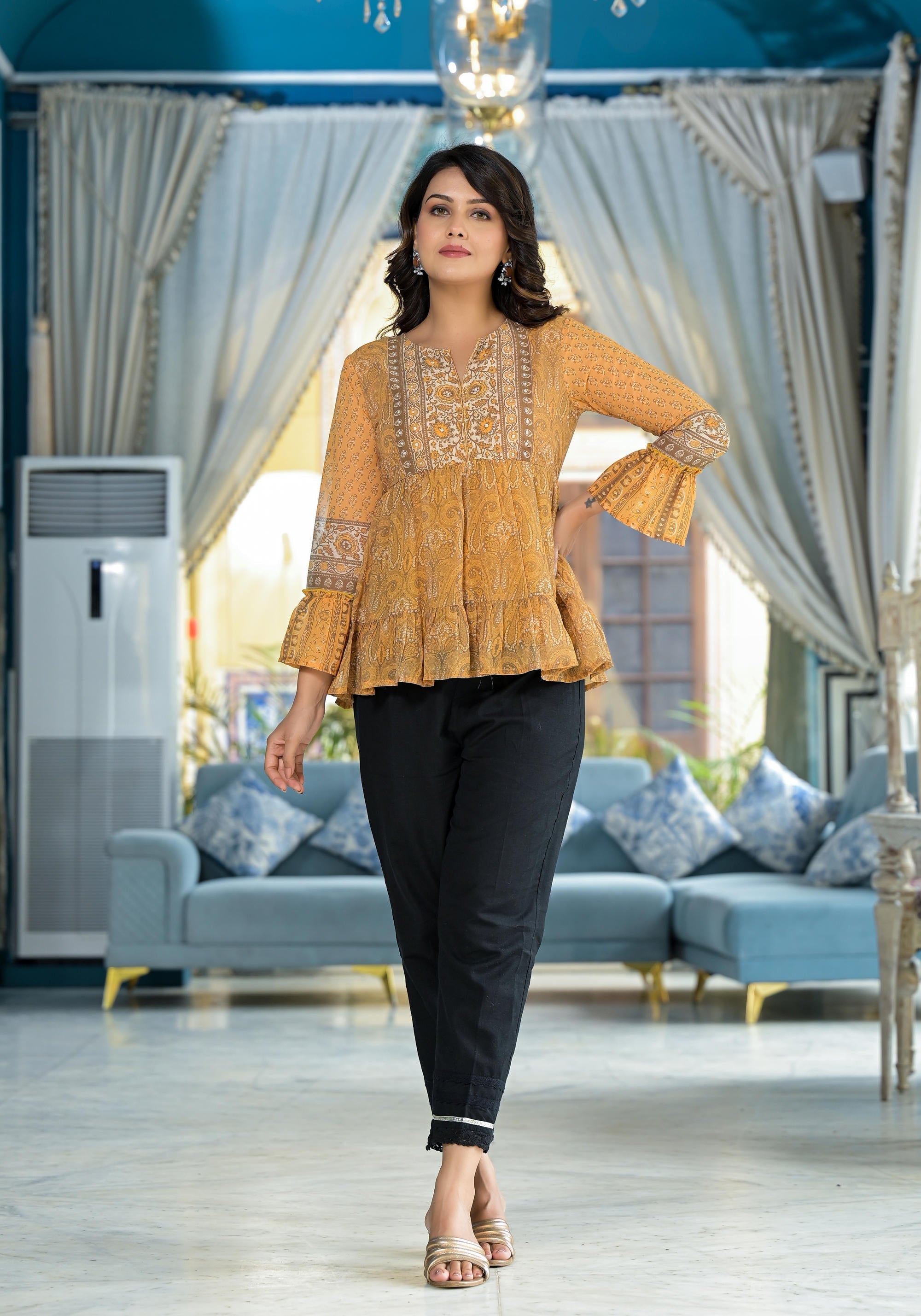 Juniper Mustard Ethnic Motif Printed Georgette Tunic With Sequins Detail | Grocsy