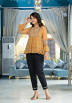Juniper Mustard Ethnic Motif Printed Georgette Tunic With Sequins Detail | Grocsy