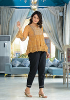 Juniper Mustard Ethnic Motif Printed Georgette Tunic With Sequins Detail | Grocsy