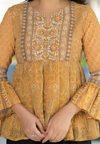 Juniper Mustard Ethnic Motif Printed Georgette Tunic With Sequins Detail | Grocsy