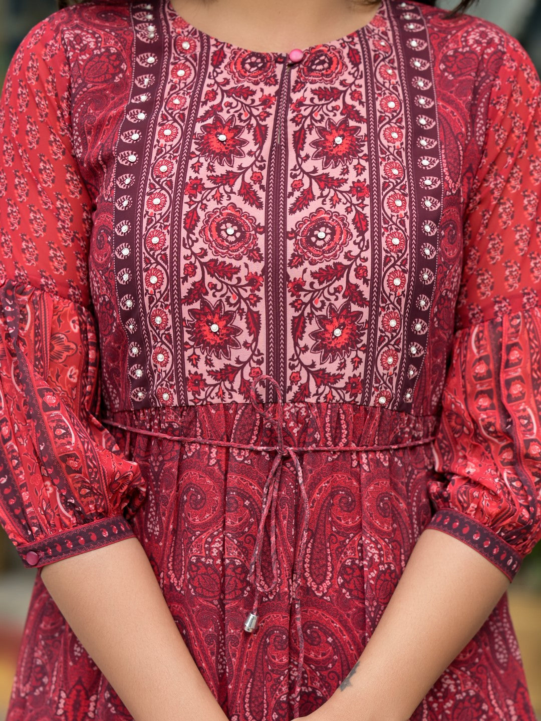 Juniper Women's Rust Ethnic Motif Printed Georgette Gathers Maxi Dress With Sequins & Doris | Grocsy
