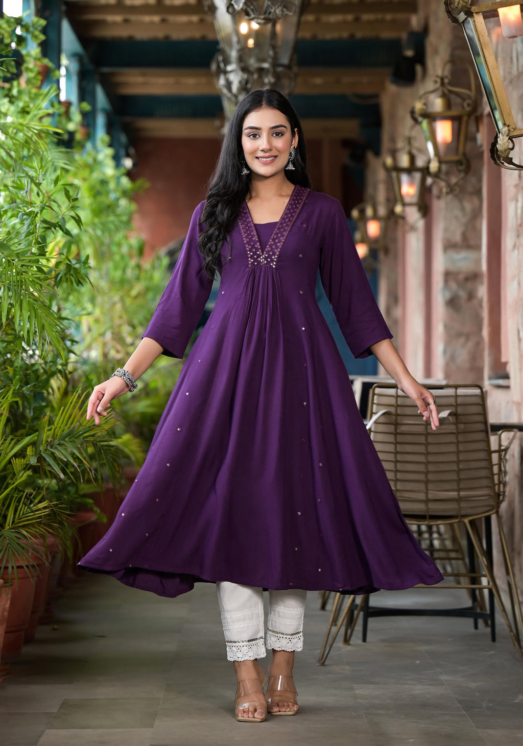 Juniper Plum Solid Liva Rayon Kurta With Mirror Work | Grocsy