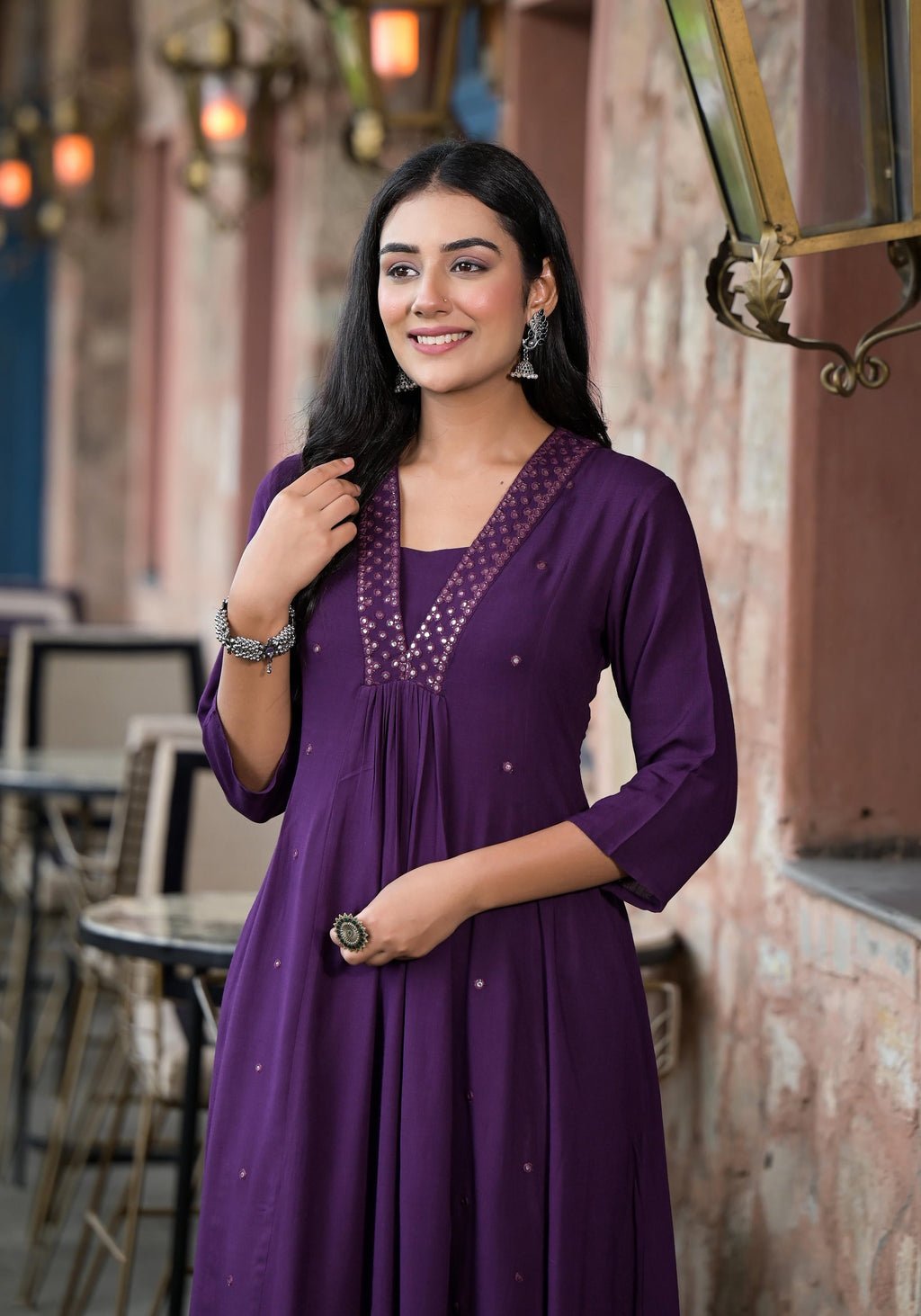 Juniper Plum Solid Liva Rayon Kurta With Mirror Work | Grocsy