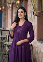 Juniper Plum Solid Liva Rayon Kurta With Mirror Work | Grocsy