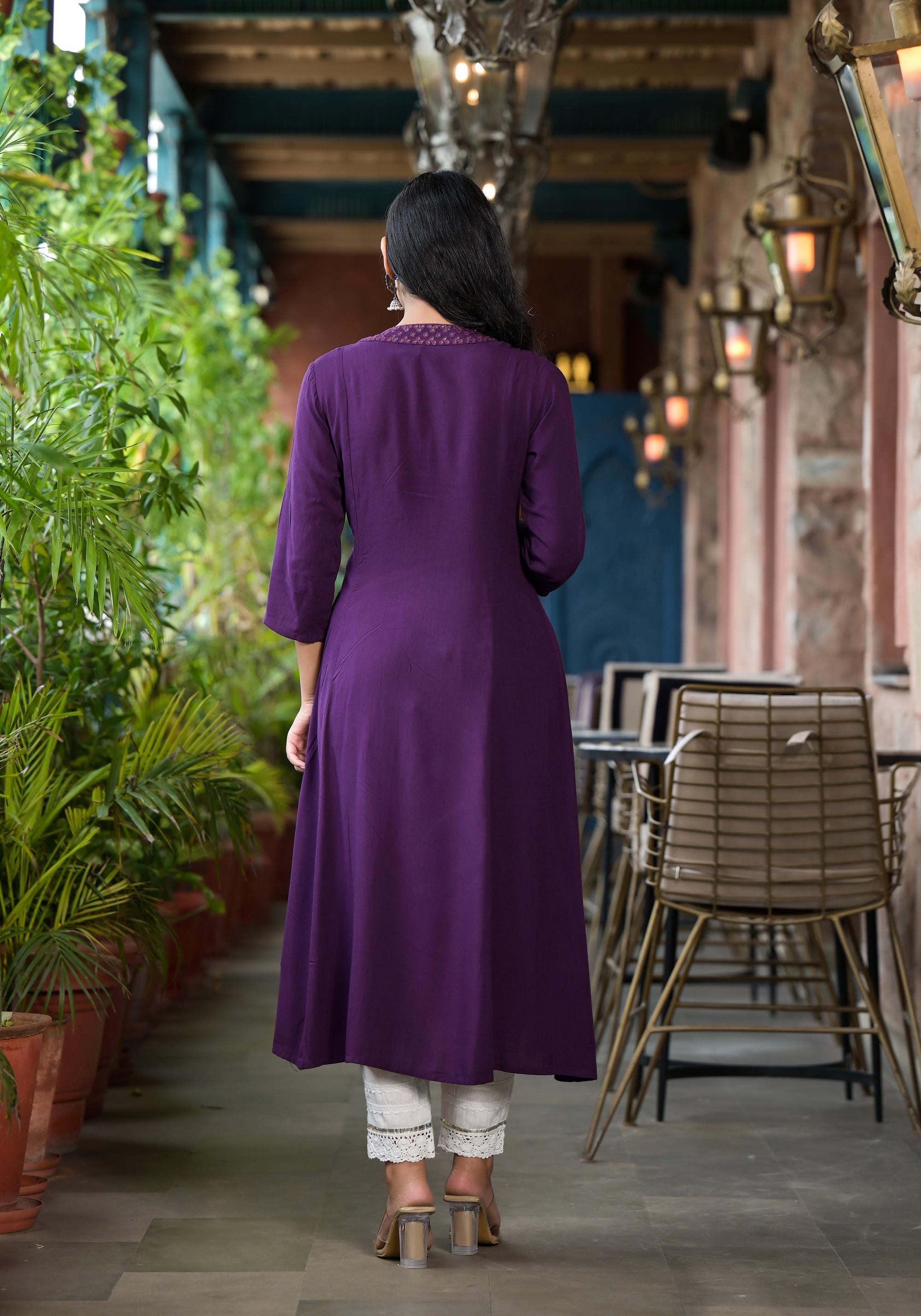 Juniper Plum Solid Liva Rayon Kurta With Mirror Work | Grocsy