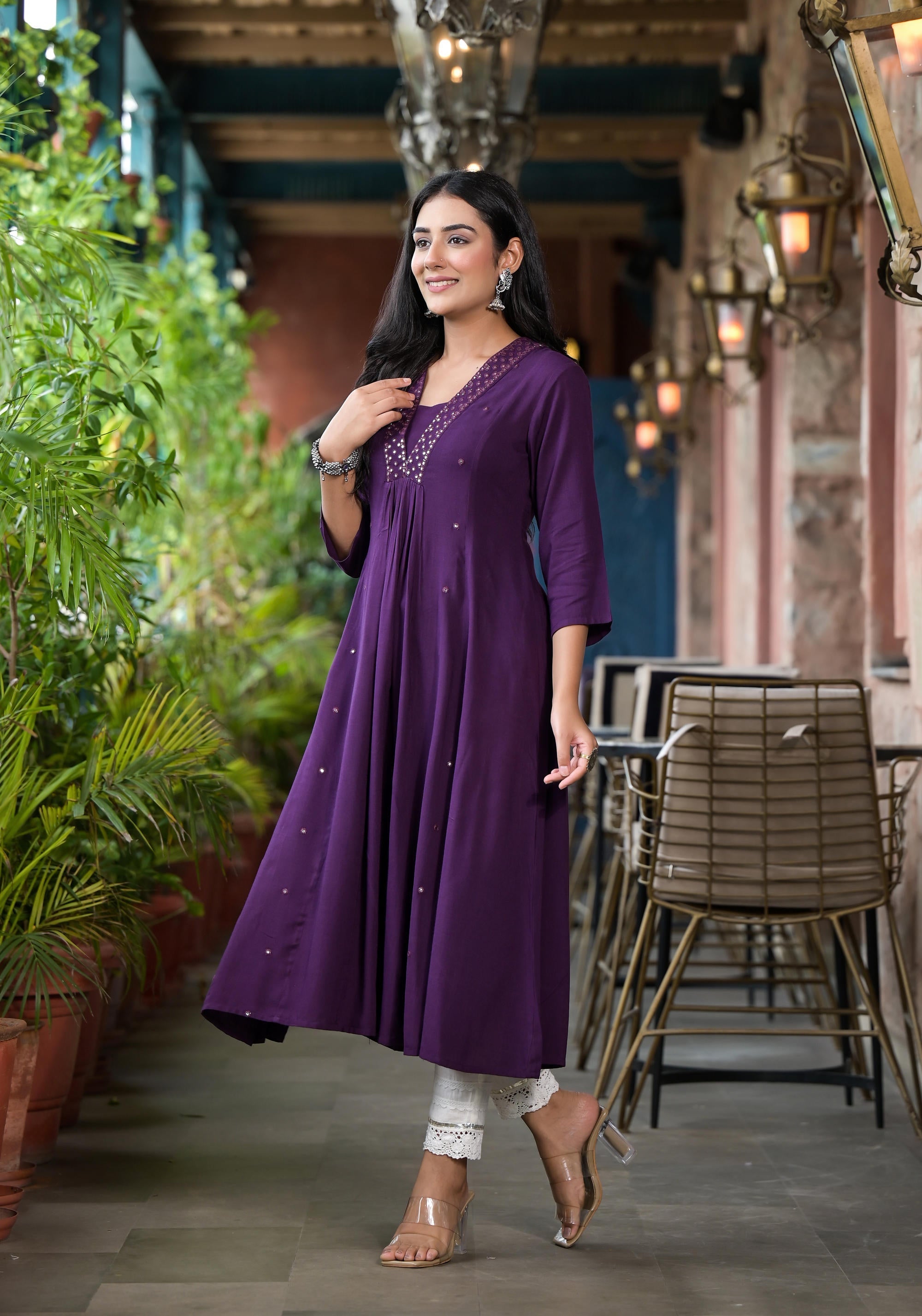 Juniper Plum Solid Liva Rayon Kurta With Mirror Work | Grocsy