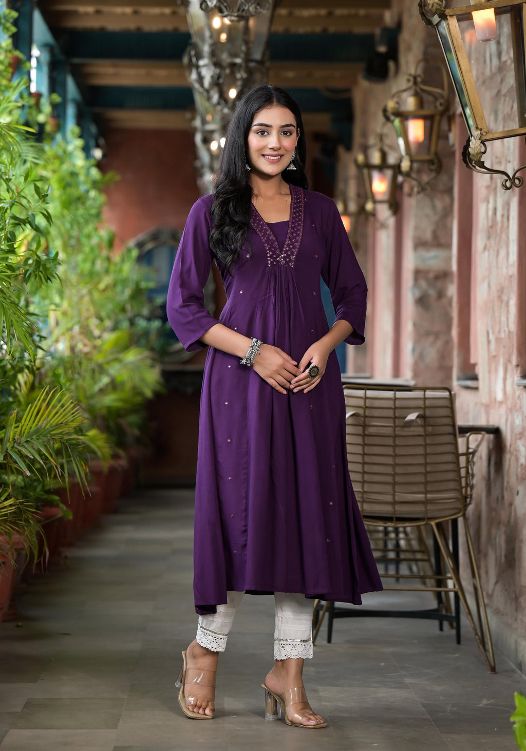 Juniper Plum Solid Liva Rayon Kurta With Mirror Work | Grocsy