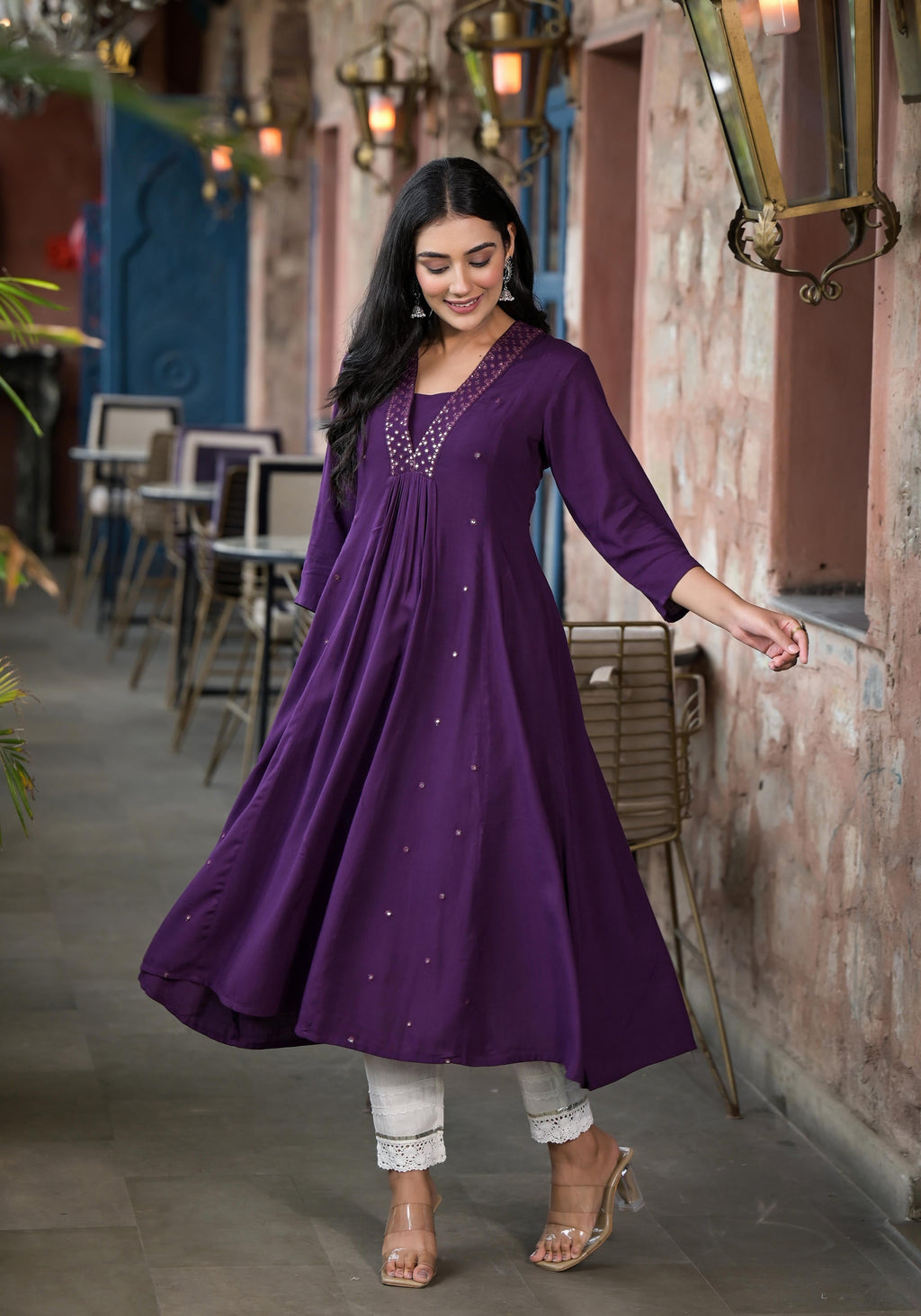 Juniper Plum Solid Liva Rayon Kurta With Mirror Work | Grocsy
