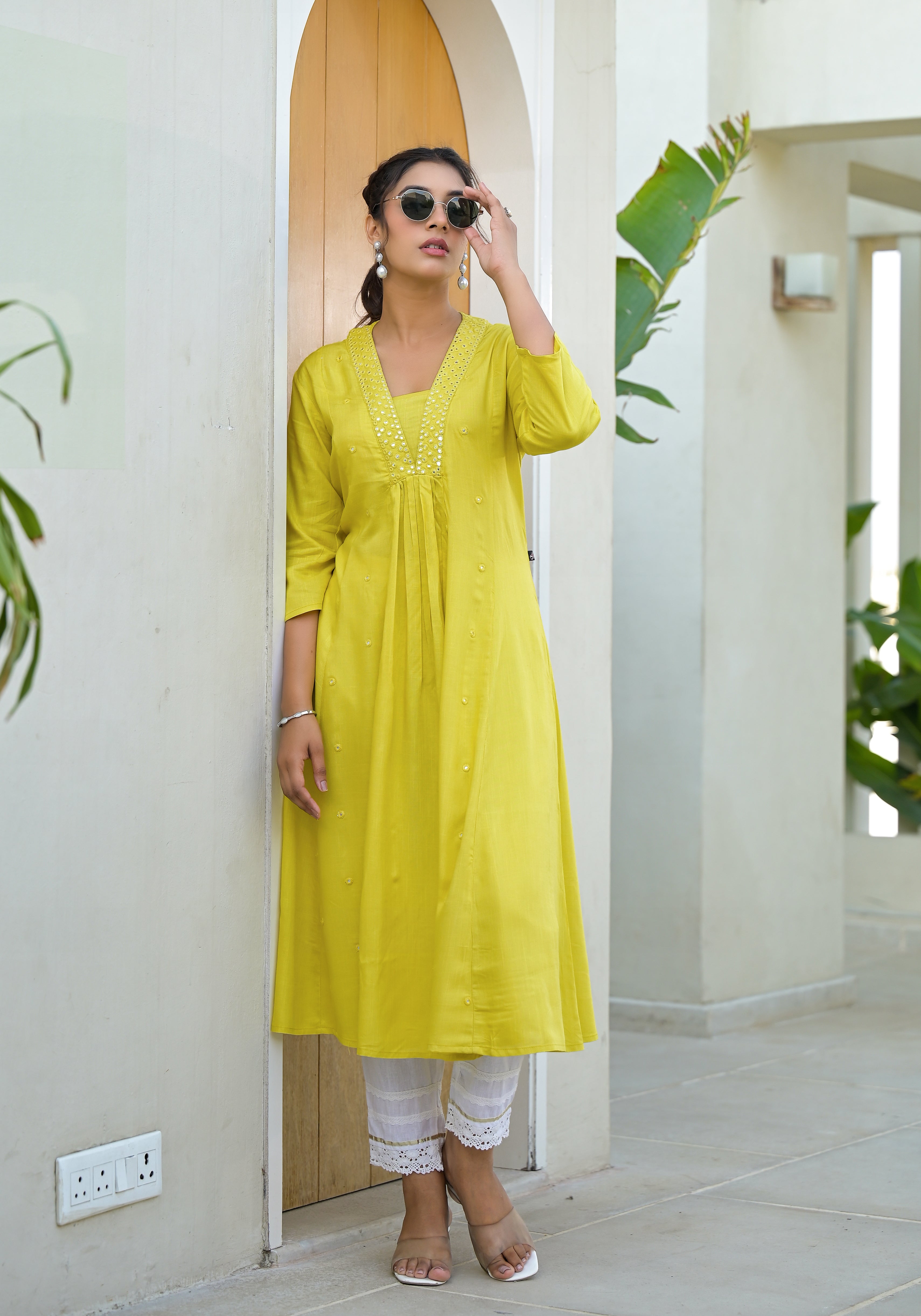 Juniper Yellow Solid Liva Rayon Kurta With Mirror Work | Grocsy