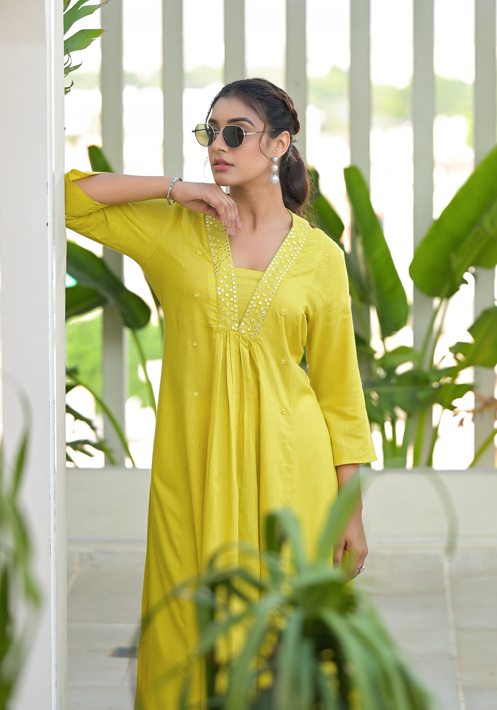Juniper Yellow Solid Liva Rayon Kurta With Mirror Work | Grocsy