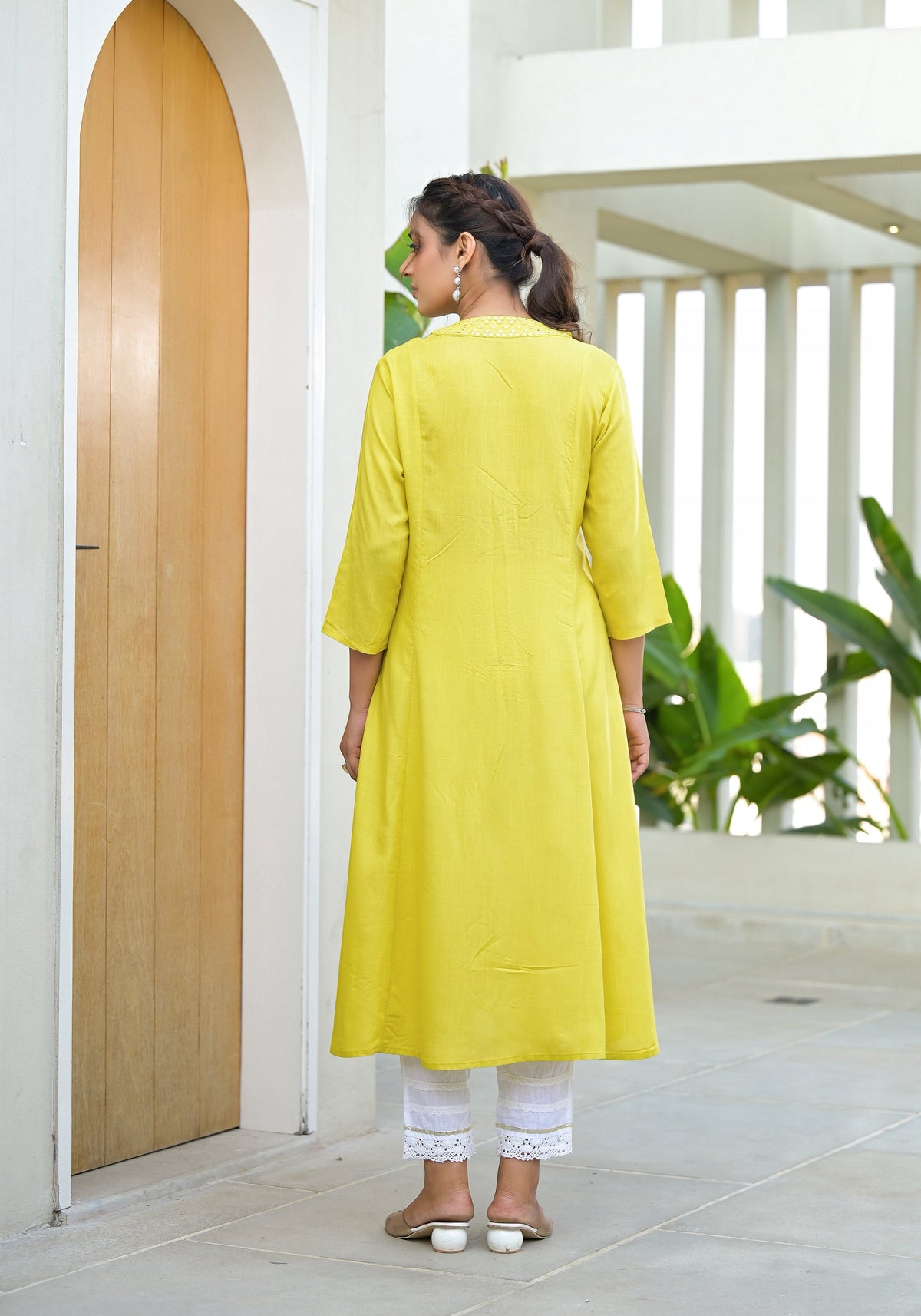 Juniper Yellow Solid Liva Rayon Kurta With Mirror Work | Grocsy