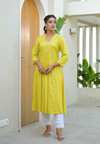 Juniper Yellow Solid Liva Rayon Kurta With Mirror Work | Grocsy