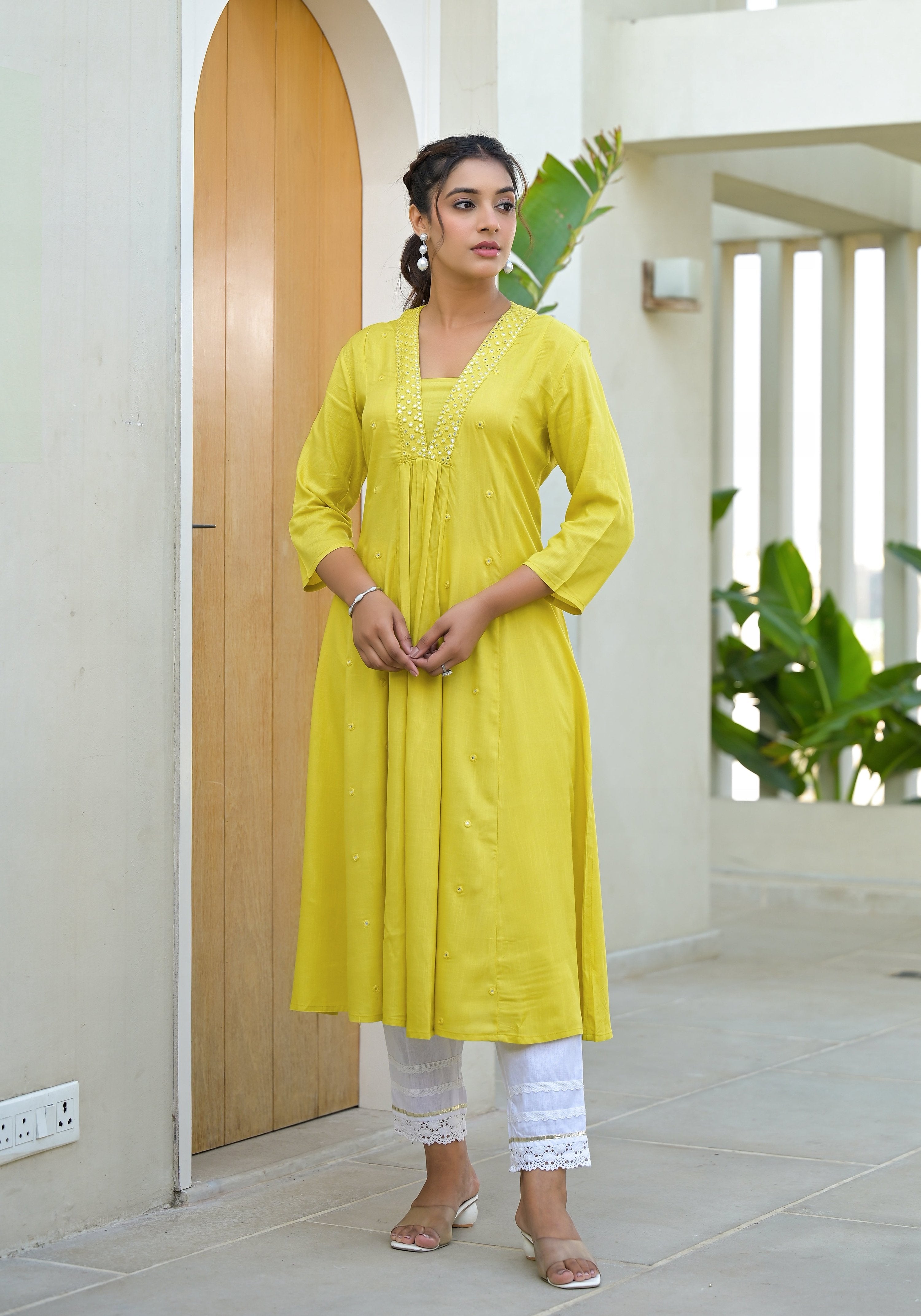 Juniper Yellow Solid Liva Rayon Kurta With Mirror Work | Grocsy