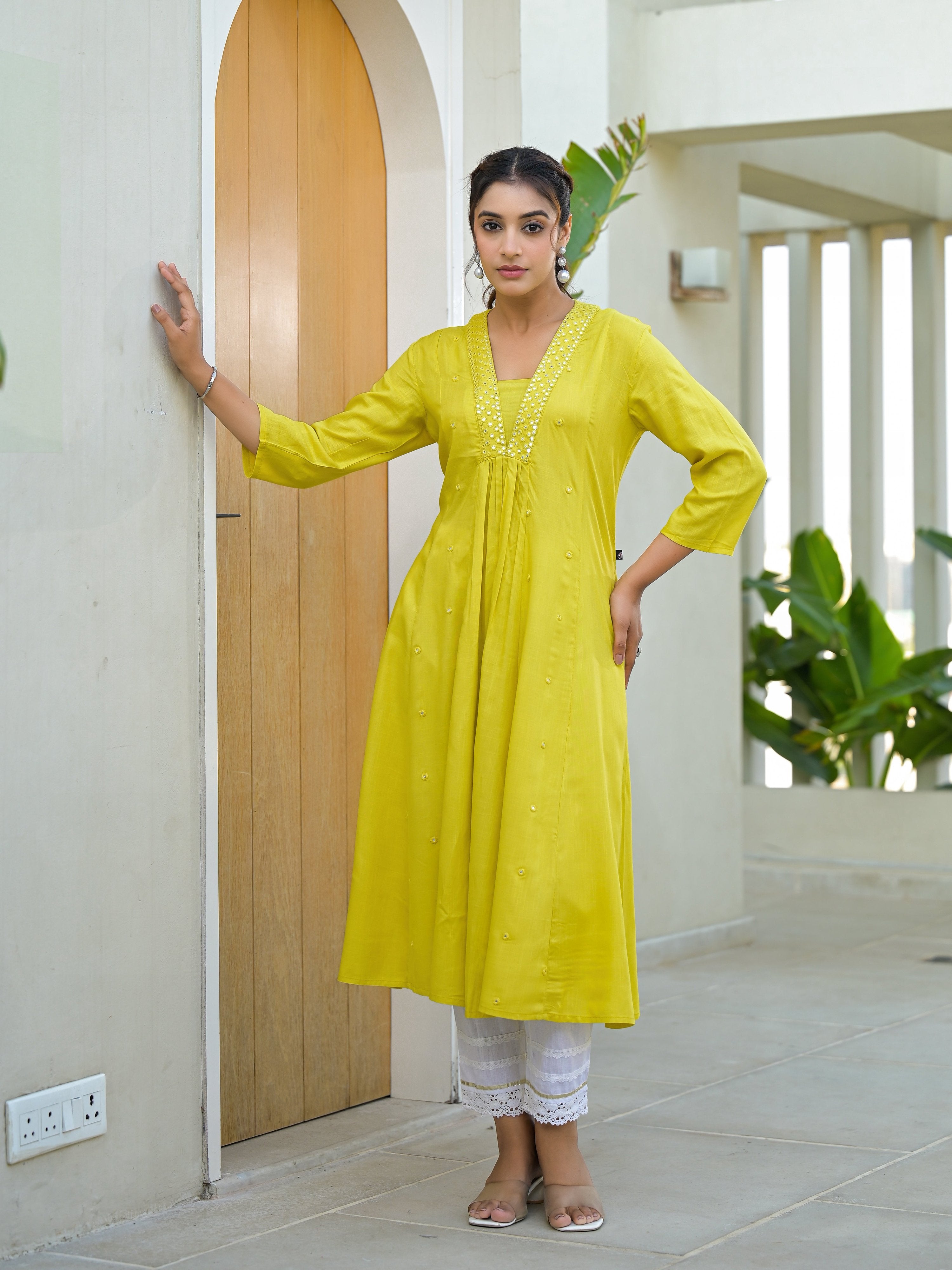 Juniper Yellow Solid Liva Rayon Kurta With Mirror Work | Grocsy