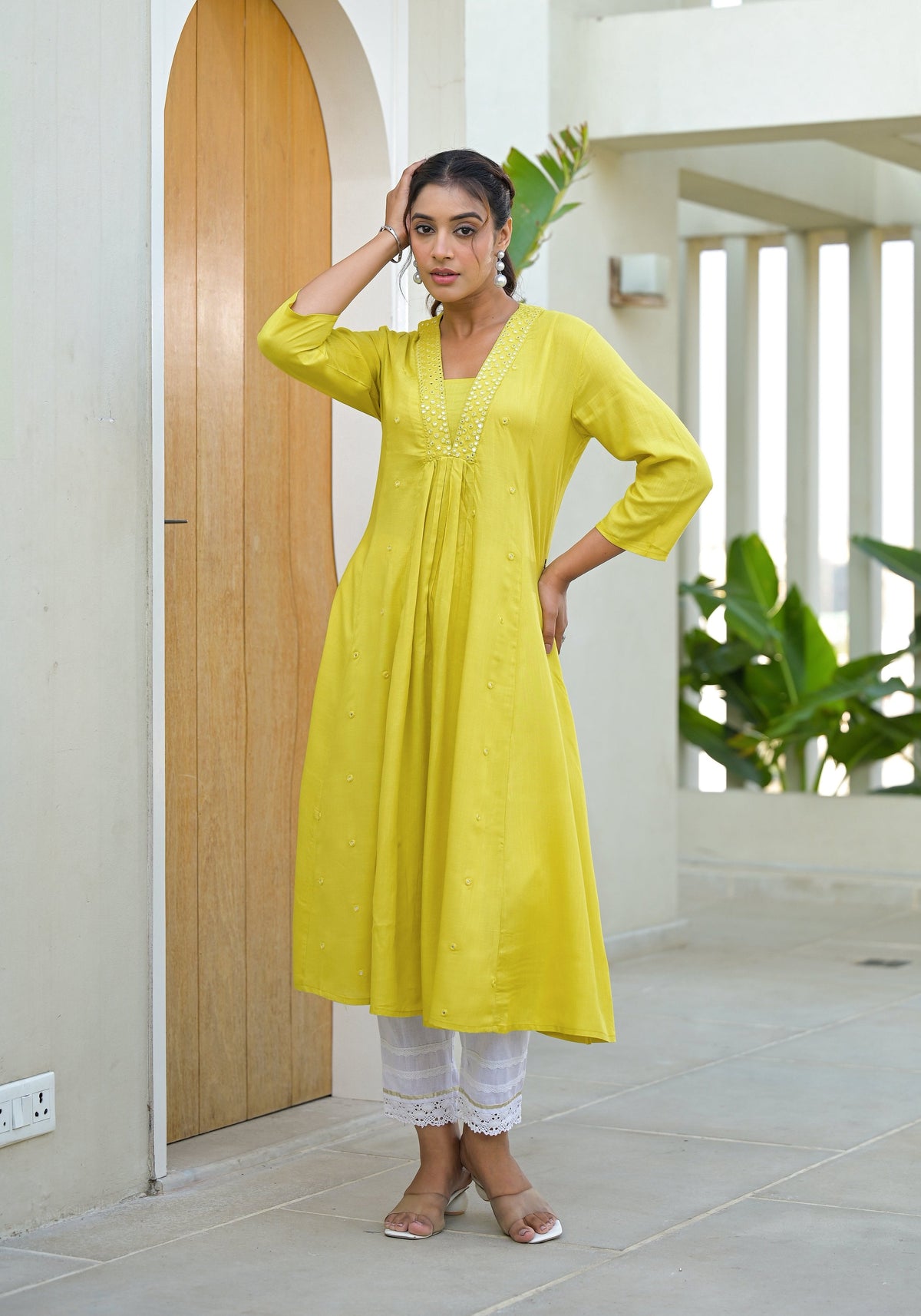 Juniper Yellow Solid Liva Rayon Kurta With Mirror Work | Grocsy