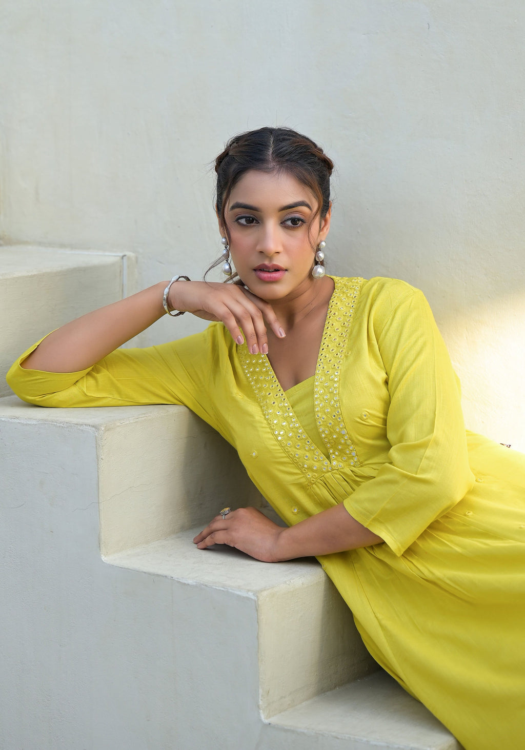 Juniper Yellow Solid Liva Rayon Kurta With Mirror Work | Grocsy