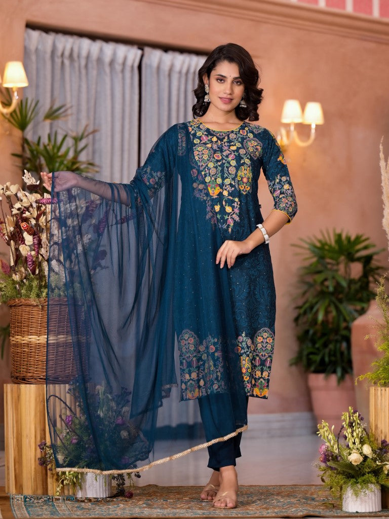 Juniper Women's Navy Thread Embroidered Liva Rayon Kurta Pant And Dupatta Set With Sequins Beads & Lace | Grocsy