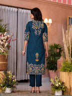 Juniper Women's Navy Thread Embroidered Liva Rayon Kurta Pant And Dupatta Set With Sequins Beads & Lace | Grocsy