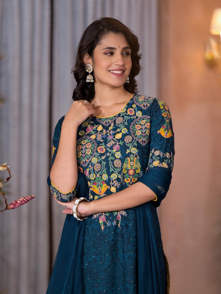 Juniper Women's Navy Thread Embroidered Liva Rayon Kurta Pant And Dupatta Set With Sequins Beads & Lace | Grocsy