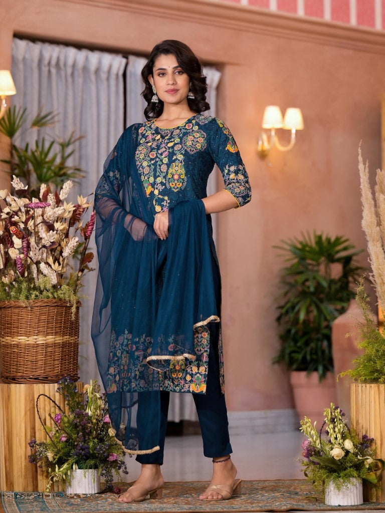 Juniper Women's Navy Thread Embroidered Liva Rayon Kurta Pant And Dupatta Set With Sequins Beads & Lace | Grocsy