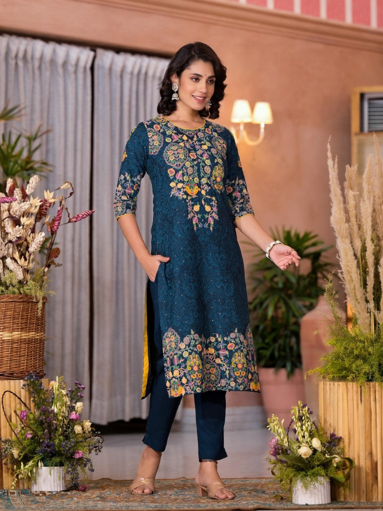 Juniper Women's Navy Thread Embroidered Liva Rayon Kurta Pant And Dupatta Set With Sequins Beads & Lace | Grocsy