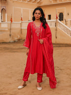 Juniper Women's Pink Viscose Rayon Embroidered Kurta Set | Grocsy