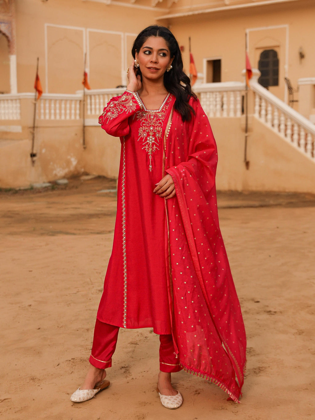 Juniper Women's Pink Viscose Rayon Embroidered Kurta Set | Grocsy