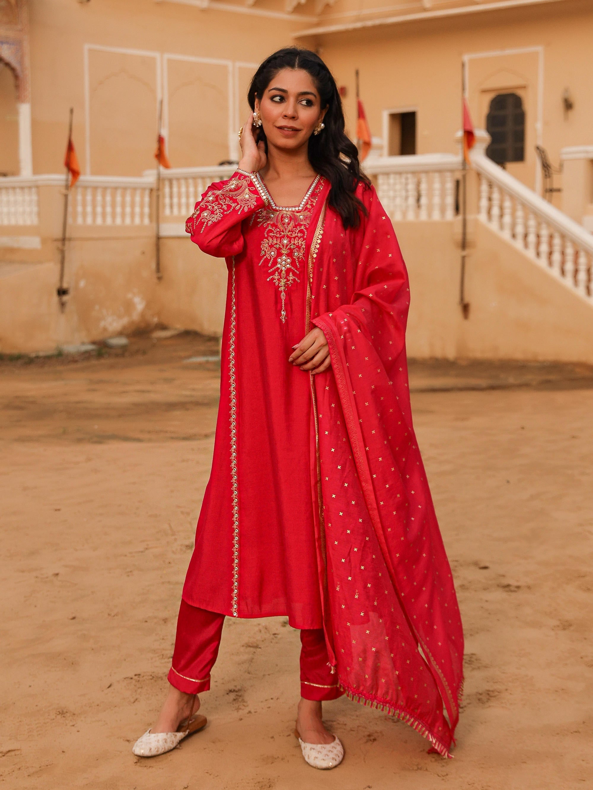 Juniper Women's Pink Viscose Rayon Embroidered Kurta Set | Grocsy