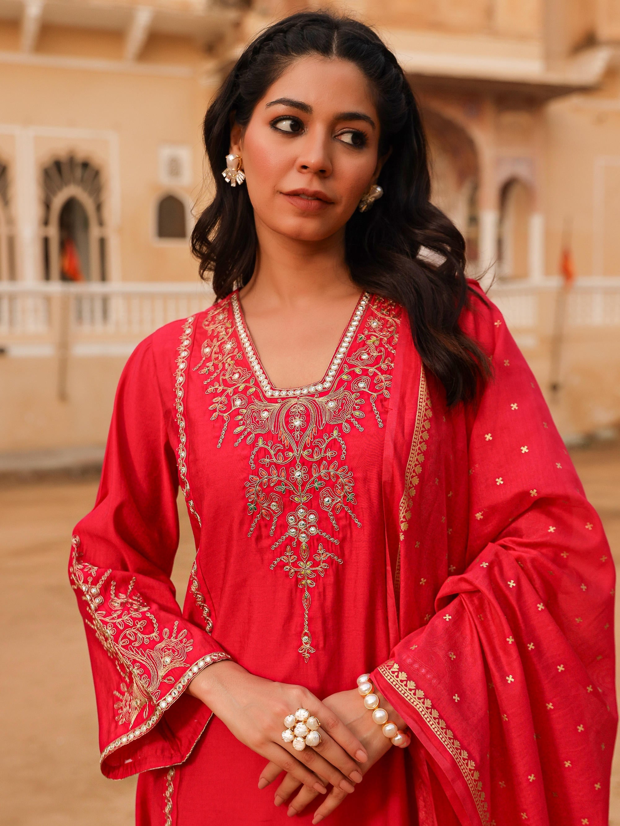 Juniper Women's Pink Viscose Rayon Embroidered Kurta Set | Grocsy