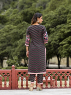 Juniper Women's Black Floral Printed Liva Rayon Kurta Pant And Dupatta Set With Tassels & Sequins | Grocsy