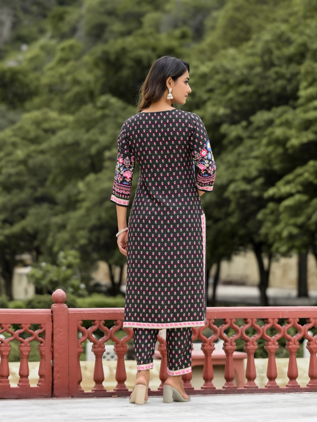 Juniper Women's Black Floral Printed Liva Rayon Kurta Pant And Dupatta Set With Tassels & Sequins | Grocsy