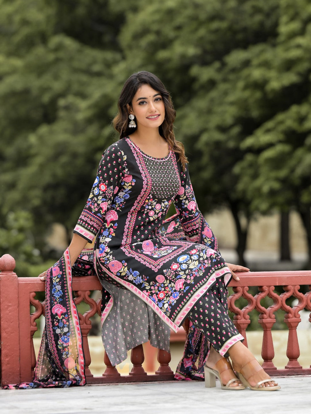 Juniper Women's Black Floral Printed Liva Rayon Kurta Pant And Dupatta Set With Tassels & Sequins | Grocsy